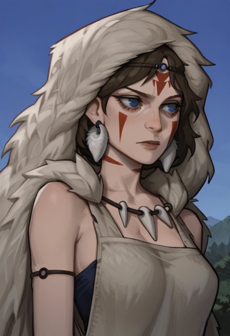 3m1l3style,   masterpiece, best quality, solo,                                                                                                                                                                                                  princess mononoke, blue eyes,  tribal clothing, wooded area, blue sky, bust shot