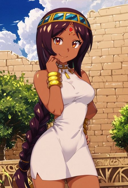 score_9, score_8_up, score_8, medium breasts, (curvy), cute, eyelashes,       
BREAK,
,,,
zzSerket, dark skin, large breasts, long white dress, bare shoulders, jewelry, very long hair, bracelet, single braid, circlet,, 
,,,
BREAK,
smile, looking at viewer, cowboy shot, outdoors, sunny day, sky, day, cloud, tree, blue sky, sunny, 
Expressiveh,