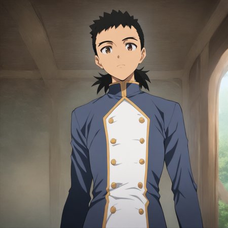 solo,looking at viewer,masterpiece,high score,great score,absurdres,<lora:Kenshi_Masaki ag4o v1:1> 1boy, kenshi_masaki, black hair, ponytail, brown eyes,blue long sleeves,white front with buttons,