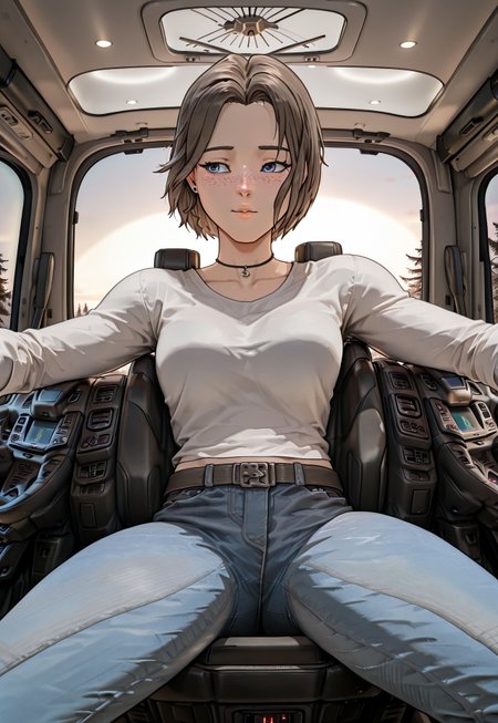 masterpiece,RobynSpade, Short hair, Brown hair, freckles, blue eyes, masterpiece, best quality, amazing quality, 1girl, solo, white shirt, blue jeans, general, <lora:motorhome:0.8>, motorhome, driver's seat, Inside the camper, (masterpiece:1.3), best quality, high resolution, unity 8k wallpaper, (illustration:1.2), 8K,