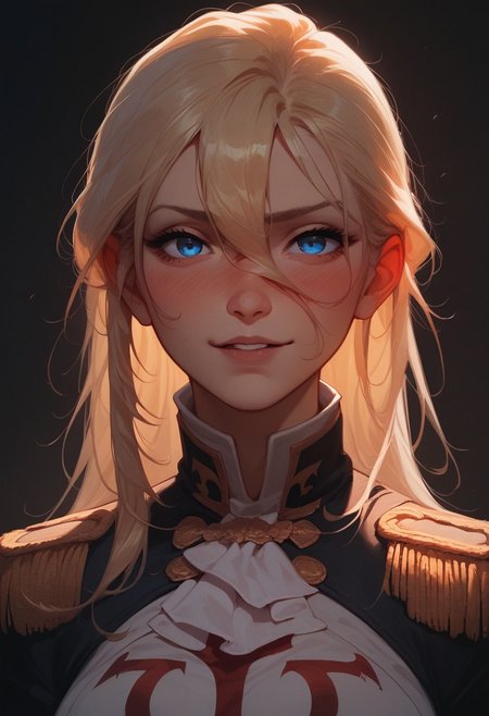 score_9, score_8_up, score_7_up, score_6_up, score_5_up, 1girl, solo, sexy 20 year old, perfect body, fair skin, cute face, blonde hair, hair in-between eyes, blue eyes, (smirking:0.7), blush, (pink nose:0.7), uniform, dramatic lighting, Thalia
