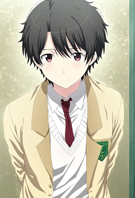 high resolution, solo, best quality, 1Boy, Inaho Kaizuka, Black Hair, school life, school uniform, OverallDetail