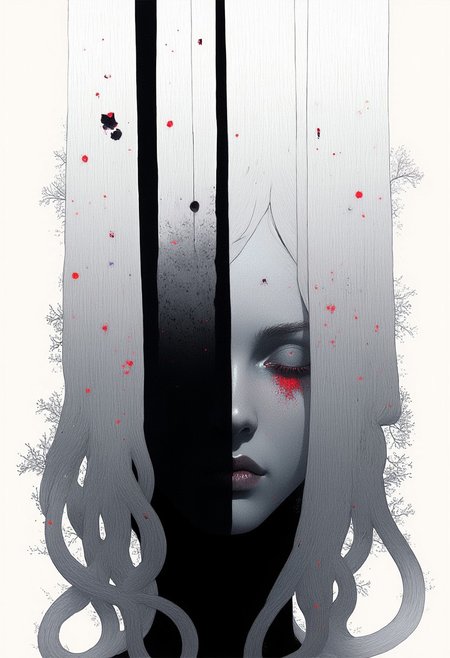 nistyle,A digital painting in a realistic and imaginative abstract style, showing a mysterious woman’s face emerging from vertical brushstrokes of white and gray paint. Her facial features—eyes, nose, and lips—are soft and perfectly symmetrical, rendered with smooth shading. The upper part of the face blends into a white background, while the lower part fades into deep black. The brushstrokes create a textured, modern look, evoking oil or acrylic painting. Minimalist palette of black, white, and gray tones, moody and ethereal atmosphere