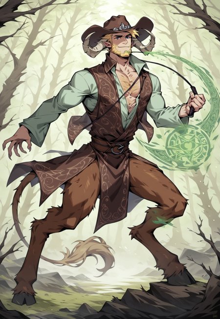 safe_pos, score_9_up, score_8_up, score_7_up, 1man, solo, extremely handsome, satyr, faun, (((long curved ivory ram horns, ram horns))), 30yo, male focus, manly, dark royal purple eyes, <lora:PerfectEyesXL:1.0> perfecteyes, slight smirk, mouth closed, ((short straw blonde hair, short blonde chinstrap beard,)), light caucasian skin, very masculine human face with deep lines and creases, long animal nose, strong jawline with high strong cheekbones, chiseled chin, thin lean frame, slim lean body, light hairy arms, thick ram legs, hooves, ((1 lion tail with yellow tuft at end)), long goat ears, fur on legs, tan brown fur, (((country style clothing, high collar, wearing long dark green and dark brown robes with long wide sleeves, billowing dark green and dark brown robes, flowing dark green and dark brown robes, vested shirt under robes))), ((((dark green long wide oversized wizard sleeves)))), (((((wild west outlaws style, brown leather, wearing long dark brown vest,))))), ((((wearing dark brown large wide-brimmed cowboy hat,)))), cowboy, long flowing forest green loincloth of leaves, full body, tree roots, cinematic lighting, sunlit hazy woods of giant tree trunks with sunbeams, foggy sunlit forest of giant trees, ((action shot, right hand gripping long single strand thick green cord whip whipping across ground, whipping ground, dragging across ground)), ((left hand casting spell, rune magic, green magic spell)), charging, leaning forward, chest cleavage, short untucked shirt