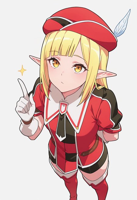 Smooth Quality,masterpiece,very intricate, high quality details, ultra realistic, high detailed skin,detailed enviorement,absurdres,
pointing up,solo,
 <lora:Rune_Noma_CNR:0.8> rune_cnr, pointy ears, blonde hair, long hair, yellow eyes, blunt bangs, elf, thighhighs, thigh boots, shorts, gloves, red hat, hat feather, beret, short sleeves, necktie,, simple background, white background, from above,
standing, arms behind back, looking up, calm expression, relaxed posture,  ,, 0 0,