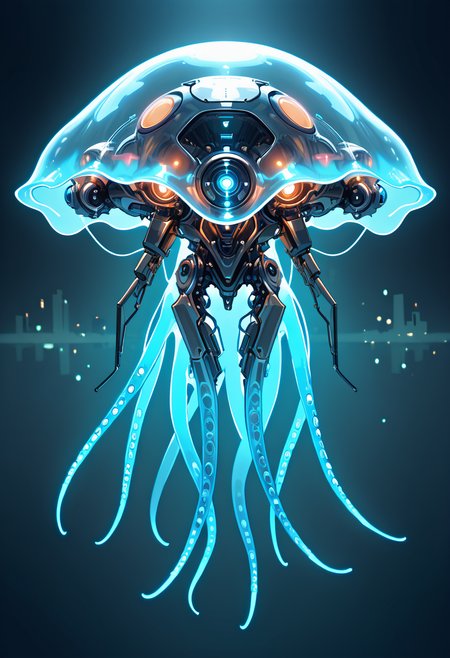 masterpiece, best quality, no humans,   ,<lora:TechJelly_IXL:0.7>,  TechJelly, translucent body, glowing blue tentacles, mechanical core, sleek metal fins, cybernetic implants, high-tech wires, neon-lit cityscape, floating pose, futuristic perspective, electric atmosphere â TechJelly drifts effortlessly through the neon-lit skies of a sprawling cyberpunk city. Its translucent body pulses with soft blue light, the glowing tentacles flowing like liquid electricity, illuminating the darkened alleys below. The sleek metal fins along its sides gleam under the cityâs vibrant lights, and its mechanical core hums with power. High-tech wires extend from its body, snaking through the air, conducting an electric charge. The atmosphere crackles with energy, as the creature moves with both elegance and precision, a perfect fusion of nature and technology. Its floating pose gives it an otherworldly grace, suspended in a world of constant motion.,