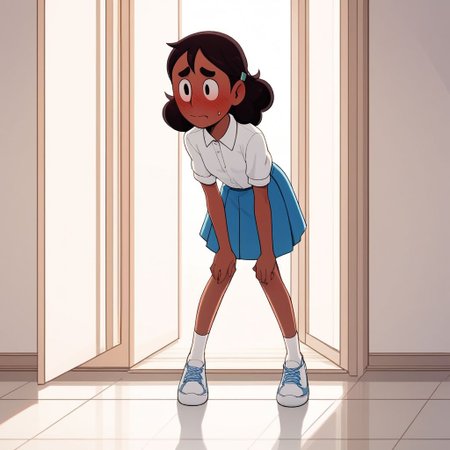 connie_maheswaran, score_9, score_8_up, score_7_up, score_6_up, score_5_up, score_4_up, BREAK, source_anime, full body, indoors, small breasts, white button up shirt, blue skirt, white tennis shoes, blush, leaning forward, blush, desperate, desperation, holding in pee