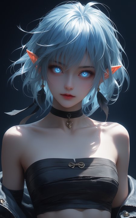score_9,score_8_up,score_7_up,
Overall Detail,(best quality:1.1),(masterpiece:1.2),(detailed:1.1),(highres, best quality:1.2),(ultra HD quality details)(anime_source) (dynamic angle) very aesthetic,rating_questionable,uncensored,
<lora:jiangshiPony:1>,Demon,
1girl,bust shot,long blue hair with pointed ears,wearing bandages and a dark tube top,in front of a deep black background,looking at viewer with a haunting stare,a pair of glowing eyes peeking from the shadows,hinting at a lurking beast.,