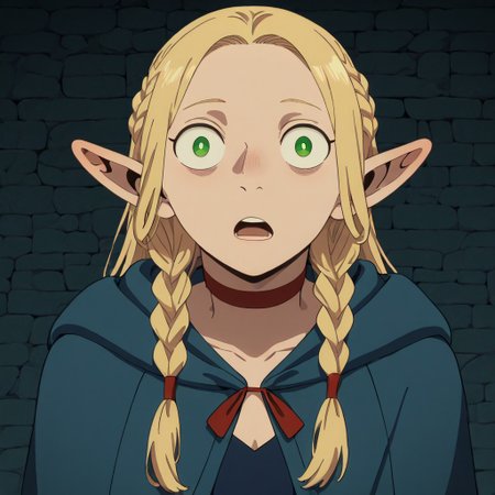 masterpiece, best quality, newest, absurdres, highres, 
DMStyle-DmpackV1.0, official style,
1girl, marcille_donato, \(dungeon meshi\), choker, braid, blue dress, blonde hair, red choker, green eyes,
MarcilleWalleyed,Derpface,open mouth, Wall eyed,