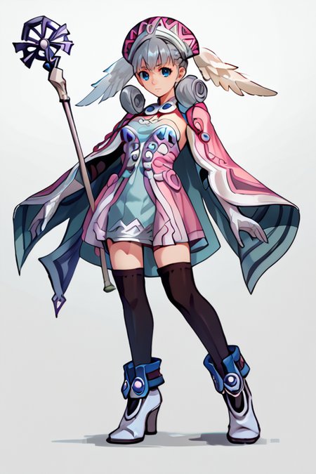 <lora:melia_xenoblade-10:1>  melia_xc, grey hair, covered head wings, crown braid, sidelocks, curly hair, blue eyes, hat, cape, white gloves, black elbow gloves, pink strapless dress, short dress, , black thighhighs, zettai ryouiki, white shoes, holding staff,, , score_9, score_8_up, score_7_up, source_anime, detailed, high quality, beautiful, masterpiece,
