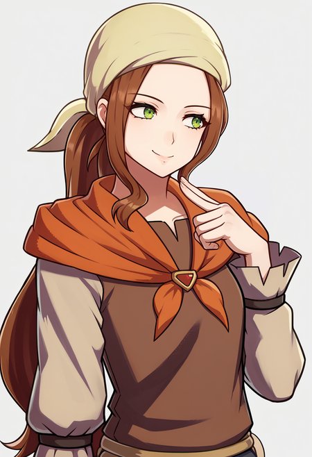 score_9, score_8_up, score_7_up, source_anime, BREAK, solo, 1girl, <lora:zs_EngagePortraitsXL:1>, engageportraits, portrait, white background,  <lora:Fates-villager-maiden-pdxl_Fp:1>, fatesvillagemaiden, ponytail, bandana, brown hair, green eyes, brown shirt, long sleeves, neckerchief, pants, smile