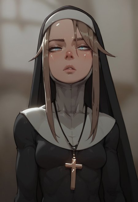 score_9, score_8_up, score_7_up,toned body,perky breasts,shiny skin,elegant woman,perky breasts,Gardie, brown hair, blue eyes, habit, nun , nun dress, cross necklace,in a church