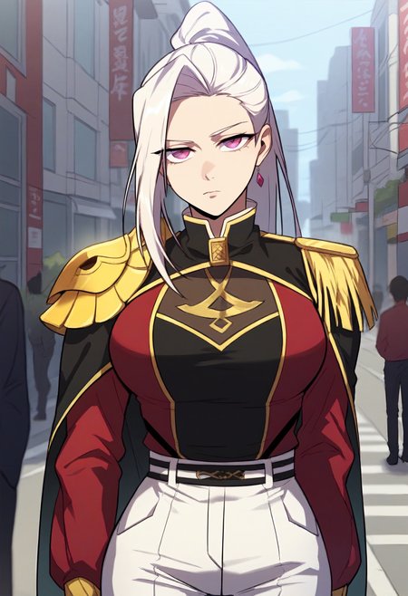 score_9, score_8_up, score_7_up, score_6_up, source_anime, rating_explicit, 1girl, solo, huge breasts, <lora:Baek Hwayeon prefectPonyxl:0.85> long hair, white hair, purple eyes, pink eyes, high ponytail, red eyes, high collar, shoulder armor, epaulettes, (black cape:1.1), red jacket, open jacket, long sleeves, black shirt, black belt, white pants, expressionless, street, outdoors, looking at viewer, standing