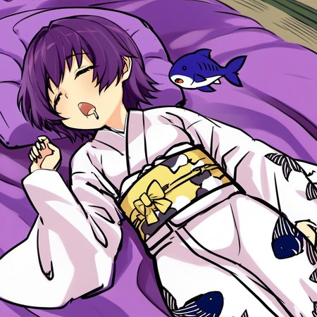 1girl, sukuna shinmyoumaru, by kodoto, animal print, bow, drooling, fish print, japanese clothes, kimono, long sleeves, lying, mini person, minigirl, obi, open mouth, purple hair, sash, short hair, sleeping, solo,