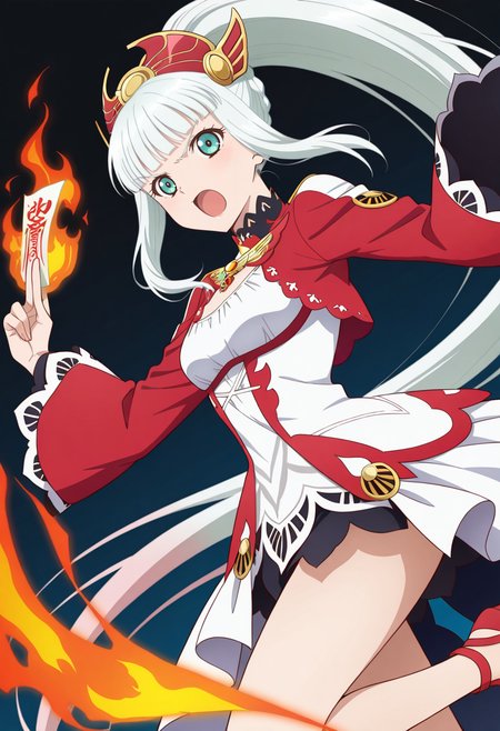 open mouth, ofuda, holding ofuda, serious, casting spell, flame, magic circle, 
cowboy shot, dynamic angle,
BREAK,
<lora:lailahI_illustriousXL_v04:1>
lailahdef, silver hair, very long hair, multicolored hair, blunt bangs, pink hair, aqua eyes, red headwear, ponytail,
laced collar, breast cutout, jewelry, sidelocks, white dress, red dress, multi-colored dress, long sleeves, red sleeves, wide sleeves, white overskirt,
high heels, red heels,, source_anime, very aesthetic, anime coloring, masterpiece, 
best quality, amazing quality, ultra detailed, very aesthetic, 
detailed background, 
BREAK,, gradient background, dark blue background, particle effects,