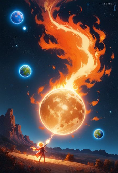 score_9, score_8_up, score_8_up, planet earth, space, dark theme, masterpiece, planet engulfed in fire, composed of fire elements dark, fire element, warm glow, backlit,  <lora:add-detail-xl:0.4> <lora:Fant5yP0ny:0.8>