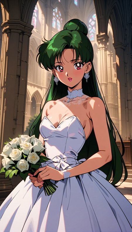 masterpiece,best quality,very aesthetic,ultra detailed,intricate details,<lora:Sailor Pluto XL:0.9>,1girl,solo,1990s \(style\),carmine eyes,lipstick,hair bun,single hair bun,long hair,dark green hair,wedding dress,cathedral,outdoors,indoors,holding bouquet,