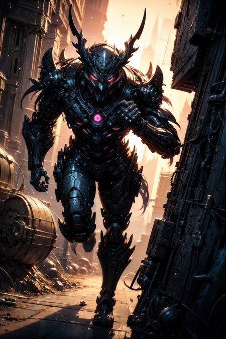(masterpiece:1.1), (best quality:1.1), (vibrant colors:1.1), BREAK,
(solo.1.4), (old man:1.1), (muscled:1.0), (robot:1.0), (helmet:1.1), (mechanical parts:1.0), (biomechanical:1.0), (cybernetic augmentations:1.0), (horns:1.0), (running:1.1), (dynamic:1.1), BREAK,
(black theme:1.1), (night:1.1), (explosions:1.0), (lasers:1.0), (debris:1.0), BREAK,
(cyberpunk:1.0), (science fiction:1.0), (synthwave:1.0), (biopunk:1.0)