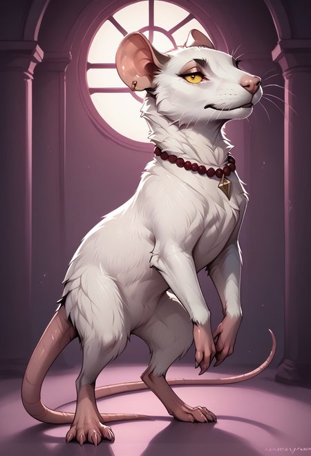 score_9, score_8_up, score_7_up, score_6_up, score_5_up, score_4_up, 
feral, rat
(solo), full body shot, rat feral, feral, rat, female rat, female feral, (nightclub:1,4), dance floor, white fur, femine, seductive expression, looking at viewer, no dress, standing on back legs, sexy dance, sexy pose, arched back, jewelry, garnet necklace, detailed fur, 3/4 side view