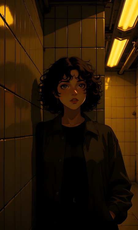 The subject is a woman with curly hair, standing in a dimly lit environment. She appears to be leaning against a wall, her posture relaxed yet slightly introspective. Her expression is neutral, with a hint of contemplation or weariness.
Her facial expression is subdued and thoughtful. Her eyes are partially closed, and her mouth is set in a neutral line, suggesting she might be lost in thought or feeling tired. The lighting casts shadows on her face, adding to the somber mood.
The woman is standing with her body slightly angled towards the camera. One hand is resting on the wall behind her, while the other hangs loosely by her side. Her stance is casual, indicating a moment of pause or reflection.
She is wearing a dark jacket, which blends into the shadowy background. The jacket has a classic design with visible buttons, and it appears to be made of a sturdy material suitable for cooler weather. The overall look is simple and practical.
The camera is positioned at eye level, capturing the subject from a frontal perspective. The framing is tight, focusing on her upper body and face, which emphasizes her expression and the surrounding environment. The angle is slightly tilted, adding a dynamic element to the composition.
The lighting is warm and yellowish, emanating from the ceiling fixtures above. The light creates a strong contrast between the illuminated areas and the shadows, casting a dramatic effect on the subject's face and the wall behind her. The shadows add depth and texture to the image, enhancing the moody atmosphere.
The background consists of a tiled wall with a grid pattern. The tiles are square and have a slightly reflective surface, which catches the light and adds to the visual interest. The ceiling features recessed lighting panels that emit a warm, yellow glow, contributing to the overall ambiance of the scene.
The composition is centered around the subject, with the tiled wall and ceiling lights providing a structured and geometric backdrop. The warm lighting and shadows create a sense of depth and dimension, drawing the viewer's attention to the woman's expression and pose. The overall effect is one of quiet contemplation set against an urban, somewhat gritty environment.
BREAK j_art, anime, anime art, <lora:FLUX\RetroAnimeS1.1:0.1>, <lora:FLUX\GLSHS:0.1>, <lora:FLUX\Dieselpunk Delight - s0_9 g4:0.1>, <lora:FLUX\Anime Art V3:0.1>, <lora:FLUX\jul\J_Anime:1.0>