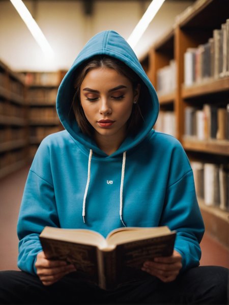 A dynamic cinematic photograph of Jenna_Sims_P_MXAI_SDXL:1.2  , intense expression, wearing shorts and a hoodie, reading a book in a huge old library, full body shot,, SK_CINEMATIC, ziprealism