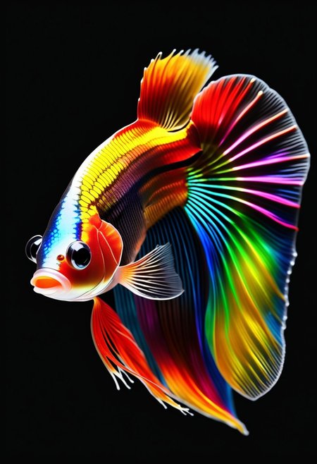 A beautiful Beta Fish, side view, solo, black background, 4k, UHD, cinematic lights, dramatic exposure. made of l1qu1dp34rl, metal, pearlescent, rainbow colors