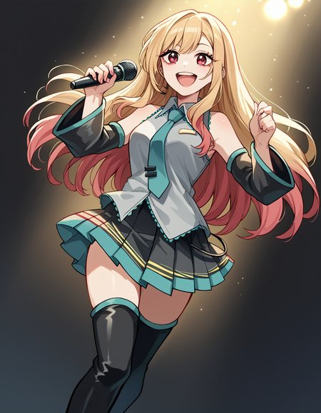 score_9, score_8_up, score_7_up, source_anime, marinkitagawa, <lora:marin-kitagawa-ponyxl-lora-nochekaiser:1>, marin kitagawa, long hair, bangs, blonde hair, red eyes, multicolored hair,, <lora:hatsune-miku-cosplay-ponyxl-lora-nochekaiser:1>, hatsunemikucosplay, hatsune miku \(cosplay\), aqua necktie, black footwear, black skirt, black sleeves, boots, collared shirt, detached sleeves, grey shirt, necktie, pleated skirt, shirt, skirt, sleeveless, sleeveless shirt, thigh boots, tie clip,, stage, stage lightings, singing, microphone, holding microphone, open mouth, smile,, cowboy shot, dutch angle,