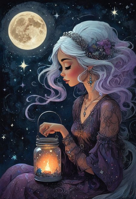 CreepyCuteMagical,   A whimsical young witch with sparkling silver hair sits on a crescent moon, her wide eyes filled with wonder. She holds a glowing jar of stardust in her hands, the stars inside twinkling like fireflies. The sky behind her is a dreamy mix of midnight blues and purples, dotted with constellations that seem alive. Her expression is one of awe, as if she's discovered a secret only the stars know. The mood evokes a childlike curiosity and enchantment.