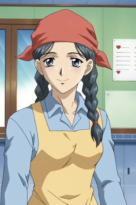 score_9, best, masterpiece, uncensored,
indoors,
1girl, solo, smile, retro artstyle, 1990s (style),
LTHRMNKazuho,
(ApronOufit:1.2), bandana, twin braids, yellow apron over blue collared shirt with long sleeves, long hair,
<lora:LeathermanKazuho_V2:0.8>​​​