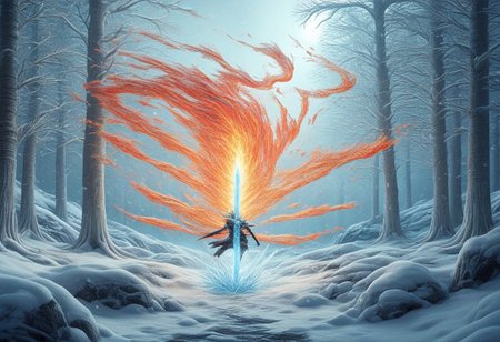 a sword, snow, ice, OverallDetail, glowing fire, lightnings
BREAK
outdoors, falling snow, at day, light particles,