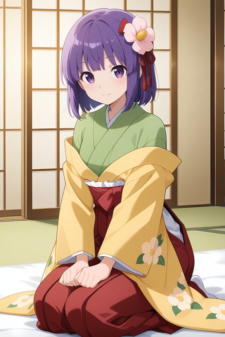 absurdres, highres, masterpiece, best quality, amazing quality, official anime artwork, screencap, anime screencap, indoors, light smile, looking at viewer, dynamic pose,
 <lora:Hieda-no-Akyuu_Illustrious:1> hieda no akyuu, 1girl, solo, purple eyes, purple hair, short hair, hair flower,, japanese clothes, green kimono,  yellow sleeves, wide sleeves, off shoulder sleeves, red skirt, red hakama, floral print, sitting, seiza,