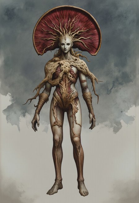 MikeFranchinastyle, Surreal art, d4artstyle, d4concept, , made of clay, aidmaMJ6.1, ZBClay model of a gray sculpture, berserk style, H.R. Giger, 
Create a highly detailed, single creature inspired by a fungal humanoid with alien elegance. The creature stands tall, with a wide, upward-reaching mushroom cap as its head, casting a mysterious aura. Its face is faintly defined, with darkened eye sockets, hinting at sentience. Below the cap, intricate sinewy textures run down its neck and shoulders, resembling woody fibers that merge into organic, leaf-like patterns across the chest and torso, adding both structure and delicacy.
The slender, elongated body is both graceful and slightly ominous, with subtle curves suggesting resilience. Its arms extend into thin, clawed fingers, adding a sense of both grace and danger, fitting a guardian or warrior aesthetic. Small fungal growths adorn the arms and legs, with textures reminiscent of veins or roots, blending plant-like and fungal traits. Legs are thin but firm, grounded in appearance, exuding strength.
The color palette includes earthy reds, browns, and creamy whites, with subtle shading to emphasize natural, organic textures. 
Background solid color with a faded dimly lit, fog-covered darkness tone that emphasizes its silhouette. The medium is not a traditional painting or illustrative medium like watercolor or ink but rather a digital rendering, eerie and unsettling.