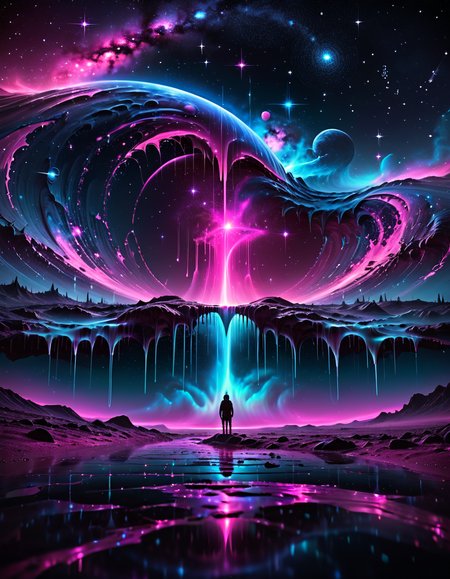 dark symbolism, Voluminous ("Silent moments under the starry sky, a celestial serenade, connecting us to the vastness of the cosmos.":1.1) , vignette, Relaxed, dripping with dark pink, made out of ral-hlgrphic and Jed-Cosmos <lora:Jed-Cosmos-sdxl:0.4> <lora:ral-hlgrphic-sdxl:0.55>, complimentary colors, intense, enchanted, advanced cinematic perfect light, illustrious quality