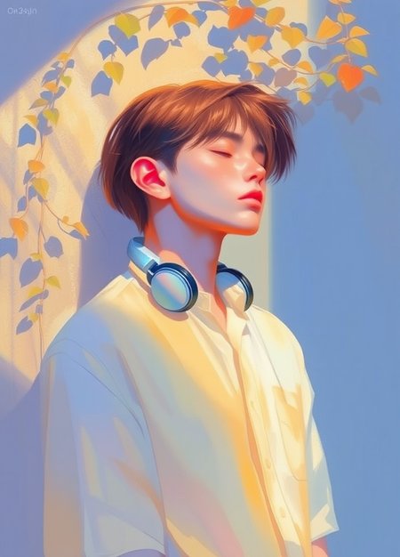 A digital painting featuring an androgynous young man with long, straight, dark brown hair wearing a white shirt. The subject is bathed in a dramatic light blue and pastel orange palette, standing against a wall adorned with a vine and patches of sunlight. The young man appears asleep or in deep relaxation, wearing over-ear headphones. The artistic, slightly surreal style combines vivid colors with soft, ethereal textures. 