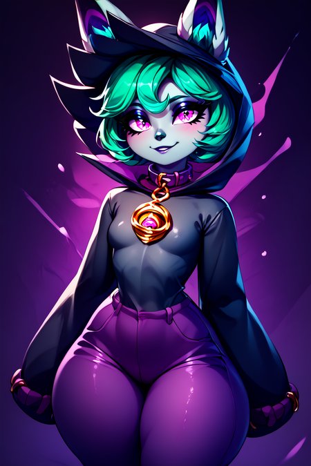 score_9, score_8_up, score_8, medium breasts, (curvy), cute, eyelashes,       BREAK, ,  zzVex, pink eyes, green hair, bangs, short hair, grey skin, colored skin, black hood, hood up, ears through headwear, white animal ears, black shirt, purple collar, golden ornament, long sleeves, sleeves past wrists, purple pants,  <lora:Vex_PDXL:1.0>,, BREAK, closed mouth, alternate costume, smile, looking at viewer, blush, zzLFashion, cowboy shot, ,,, embedding:zPDXL, Expressiveh, ,,, <lora:Vivid:0.7>, <lora:LFashionPDXL:1>, <lora:Uncensored_PonyXL_cpt_v02.09:0.4>, <lora:Expressive_H-000001:0.4>,
