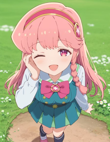 score_9, score_8_up, score_7_up, source_anime, BREAK
1girl, solo, looking at viewer, blurry background, from above, grass, day, grass, hand over eye, one eye closed, happy, open mouth,
mami kirara (puniru wa kawaii slime), long hair, pink hair, hairband, sidelocks, twin braids, pink eyes,
school uniform, sailor collar, white shirt, pink bowtie, long sleeves, pinafore dress, belt, pleated skirt, kneehighs, pink footwear,
<lora:mami_kirara-puniru_wa_kawaii_slime_s1-anime-soralz:1>