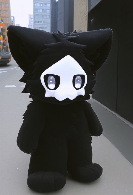 lv1rubili, zPDXL2, furry, anthro, cute, kemono, male focus, score_9, score_8_up, score_7_up, full body, digital art, highly detailed, looking at viewer, standing to viewer, full view, puro, black latex, furry, changed, white eyes, white mask, black fur, 1boy, solo, moody midnighttime atmosphere, midnight city background, (((standing on street with an happy expression on his face))), (((toys, front toys)))