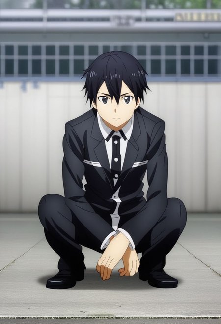 high resolution, professional photography, solo, best quality, 1Boy, Kazuto Kirigaya, Black Hair, Black Eyes, lofi, candid, squat, depth of field, photo model, looking at viewer, OverallDetail