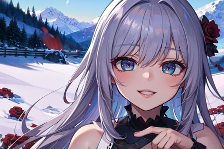(masterpiece:1.4), 4K8K, (anime style), (high shutterspeed:1.4), (sharp edges), 
SyFyEye1, 
1woman  hands togather,  leaning foward, face focus, smile, 
wearing Celtic style dress, (Detailed face, Detailed eyes), 
any colored roses, Alps in the background,