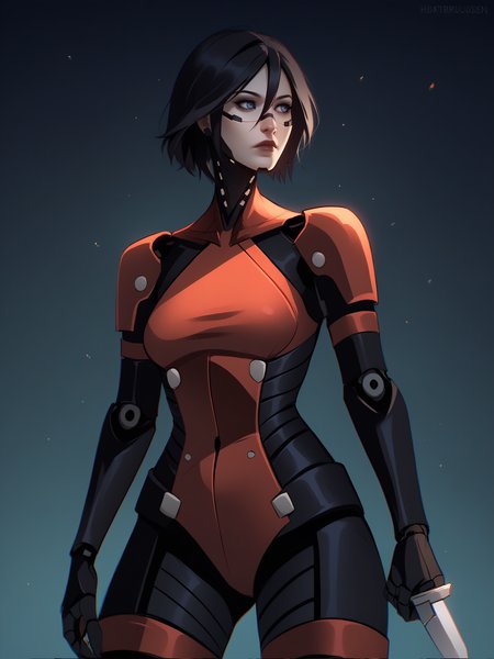 score_9, score_8_up, score_7_up, score_6_up, score_5_up, score_4_up, rating_safe
BREAK
elster, cyborg, black hair, blue eyes, expressionless, looking away, hair between eyes,
BREAK
solo, cowboy shot, skinny, black bodysuit, red accents, red leotard, medium breasts, holding knife,
BREAK
black background, realistic, chromatic aberration, <lora:Lunas-HotaruSen-SDXL-A1:1> <lora:Lunas-Elster-Signalis-SDXL-A1:1>
