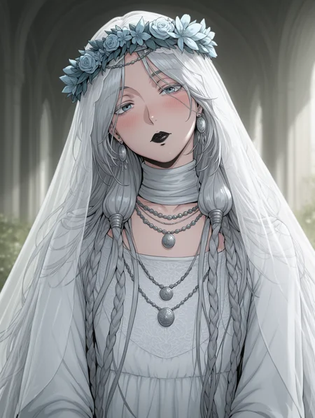 illrevenantern, 1girl, solo, veil, flower, jewelry, dress, looking at viewer, head wreath, very long hair, white dress, necklace, earrings, head tilt, looking at viewer, black lips, androgynous, blush, blurry background, 
(orushibu:0.8), <lora:Leeoekakiiiii:0.9>, l3303k4k11111, <lora:iLLRevenantERN:0.8>, illrevenantern,