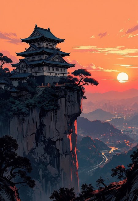 Special Ink-drawing mode, intricate linework with expressive contrasts, Mh1$AgThS2, Silhouette Art, magnificent, image of medievel Japanese castle of the Edo era, at the top of a cliff overlooking a forested valley, sunset