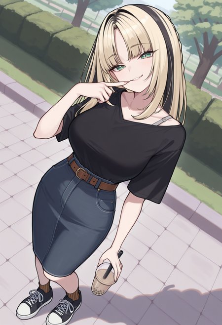 masterpiece, best quality, 1girl, solo, KoganeiNiko, green eyes, slit pupils, multicolored hair, blonde hair, black hair, long hair, side braid, parted bangs, casual, single bare shoulder, black shirt, bra strap, belt, denim skirt, socks, sneakers, dutch angle, wide shot, outdoors, park, bubble tea, holding bubble tea, looking at viewer, head tilt, smile, finger to mouth, <lora:ChamKoganeiNikoIllustriousXL:1>