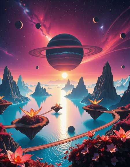 A breathtaking, high-resolution photograph of a celestial paradiseâa stunning, habitable planet floating in the vastness of space. The sky is a mesmerizing blend of deep purples, blues, and pinks, illuminated by twin suns casting golden light over the landscape. Towering crystal mountains shimmer in the distance, reflecting the vibrant hues of the nebula-filled sky. A vast, glowing ocean stretches across the horizon, its surface gently rippling with bioluminescent waves. Floating islands covered in lush, alien vegetation hover above the water, connected by natural bridges of luminescent vines. Exotic, radiant flowers bloom in every color imaginable, while gentle, ethereal creatures with translucent wings glide through the air. In the sky, a massive ringed gas giant looms majestically, its swirling clouds casting soft shadows over the dreamlike terrain. The air shimmers with floating particles of light, creating a surreal, otherworldly ambiance. The entire scene feels like a cosmic utopiaâtranquil, awe-inspiring, and untouched by time.
<lora:SDXLFaeTastic2400:0.4> <lora:extremely_detailed:0.4> extremely detailed,Celestial p4r4d1s3, <lora:Celestial_p4r4d1s3-i:1>, Masterpiece,best quality,hi res,8k,hi res,8k,award winning,(sharp focus, intricate, highly detailed),