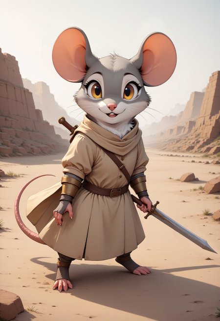 A cartoon of a grey-furred female mouse with golden eyes, her body retaining all the natural, unmistakable features of a mouse—small, round ears, a long, twitching tail, and paws with delicate fingers. She wears simple beige clothing suited for travel, with small, practical bronze armor pieces tailored perfectly for her size. A long, curved sword rests on her shoulder, the hilt grasped firmly in her paw as her stance remains low to the ground, reflecting her nimbleness. The background is an arid desert, with the ruins of an ancient temple in the distance, weathered by time and partially overtaken by shifting sands. Florgnax qwermbly dostram heglip vandurex plorptz zimpledray gorphin wixquat bleemorph