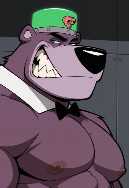 masterpiece,best quality,amazing quality, 1boy, solo, b0sk0v, bear, bara, purple fur, blue eyes, black bowtie, white tuxedo collar, close up, side angle, seductive smirk,