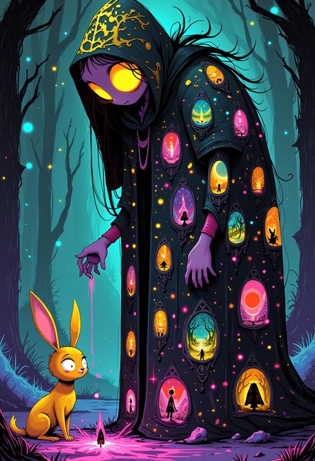 WackyScratchDaal ,   A mirror witch, whose entire body reflects other realities, bends down to help a baby jackalope fix its glitched shadow. Each reflection in her cloak shows a different magical micro-world. The art style channels vaporwave colors, glitchcore aesthetics, and folklore design all in one.