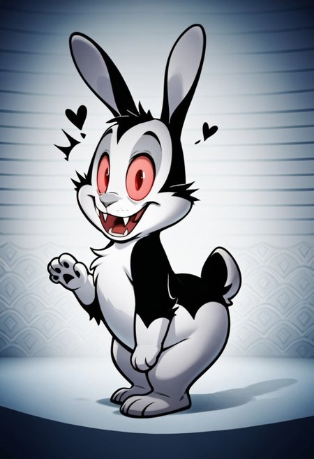 score_9, score_8_up, score_7_up, from behind, tail, solo, male, solo male, bunny, rabbit, bunnicula, pink sclera, red eyes, colored sclera, black and white fur, cheek tuft, grey nose, scut tail, fangs, shortstack, chest tuft, fur markings, chest tuft, cute, looking at viewer, rear view, looking back, barefoot, featureless chest, head tilt, wide eyed, open mouth, shocked, masterpiece, extreme detail, 4k, realistic, shading, psychedelic background, pattern background, full-length portrait, Perfect Hands, 5 fingers, perfect paws, perfect lighting, zPDXL3, Expressiveh, light and shadows by reij-shdwgms, vampire, spooky, heart