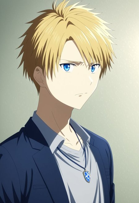 high resolution, solo, best quality, 1Boy, Yamato Ishida, Blond Hair, Blue Eyes, Necklace, school, school uniform, OverallDetail