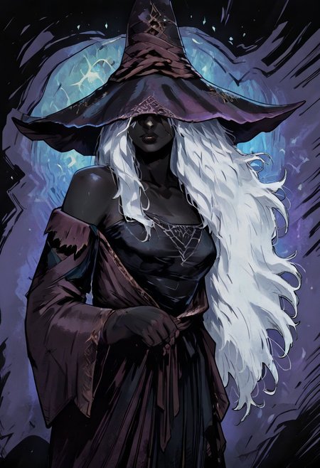 masterpiece, best quality, newest, absurdres, highres, vintage anime, 90s anime, TTCSV1.0, 1girl, ERNRRE-V1.0, very dark skin, dark-skinned female, black skin, black colored skin, colored skin, hat, witch hat, robe, off shoulder, white hair,